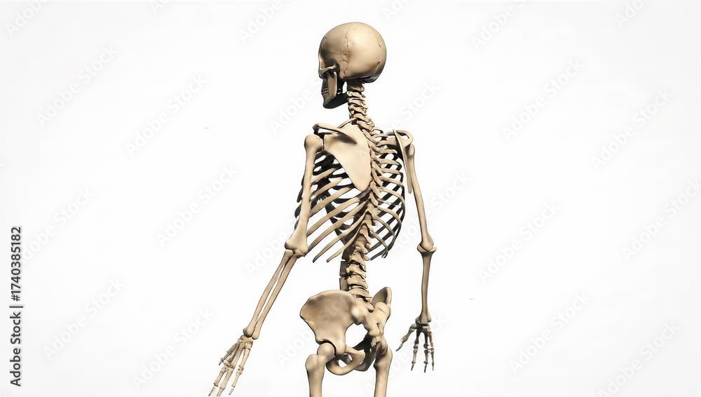 Detailed 3D animation of a human skeleton model turning, showing the ...
