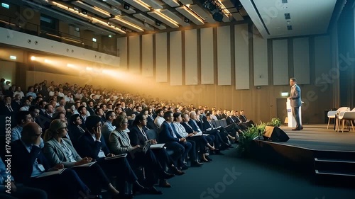 Large Conference Hall with Audience Watching a Speaker at the Podium Under Bright Spotlight