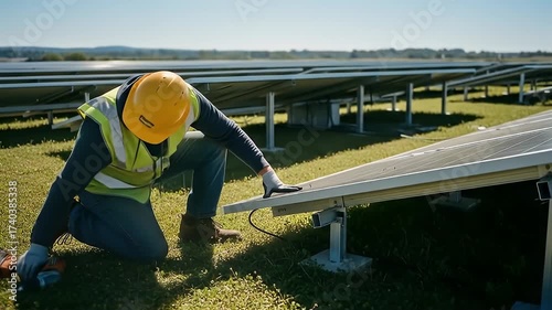 Construction Worker Installing Solar Panels Outdoors on a Green Field Under Bright Sunlight