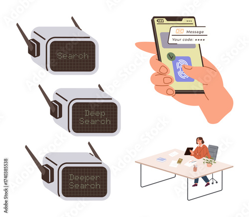 Hand using biometric fingerprint mobile access system, three search depth devices labeled Search, Deep Search, and Deeper Search, and professional working at a desk. Ideal for themes thumbs up
