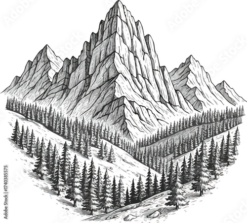 Majestic Mountain Range with Dense Forest Landscape.