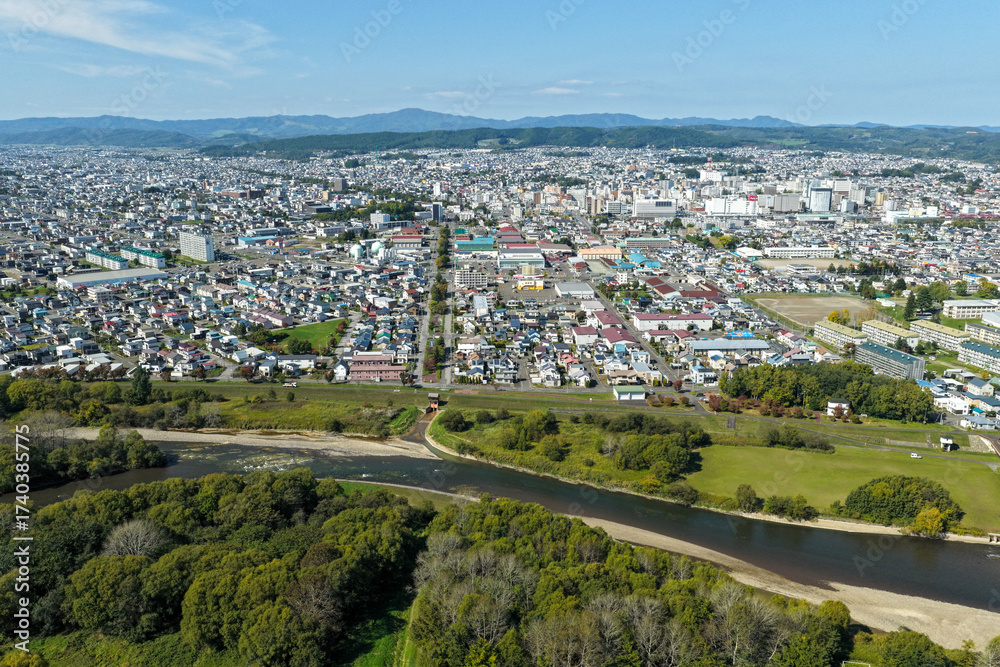 Fototapeta premium Aerial View of Kitami City 北見市 and Muka River 無加川, Hokkaido 北海道, Japan