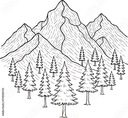 Majestic Mountain Range with Evergreen Forest Illustration.