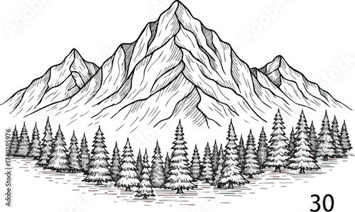 Majestic Mountains and Evergreen Forest A Detailed Line Art Illustration.