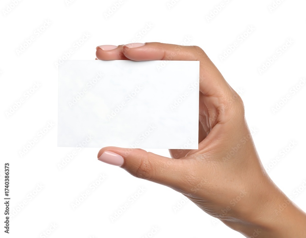 Obraz premium A hand holding a blank, white rectangular card against a white backdrop