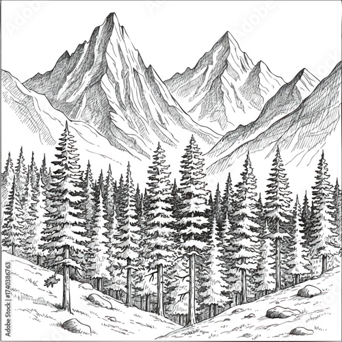 Monochrome Mountain Landscape with Evergreen Trees.
