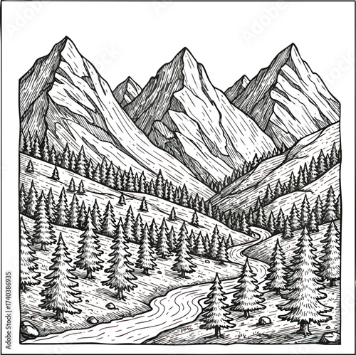 Monochrome Mountain Landscape with River and Pine Trees.