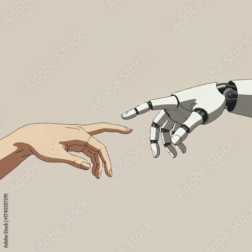 Human and robot hands reaching almost touching