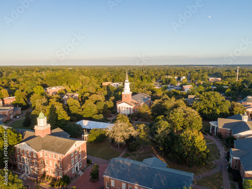 Sunset Drone Images and 4K Video of Downtown Wake Forest North Carolina, Including the Historic District and The Southeastern Baptist Seminary.