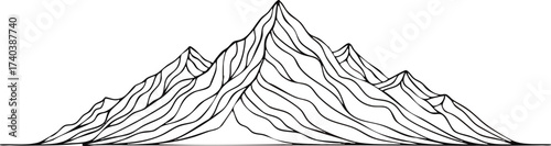 Monochrome Mountain Range Illustration with Jagged Peaks and Ridges.