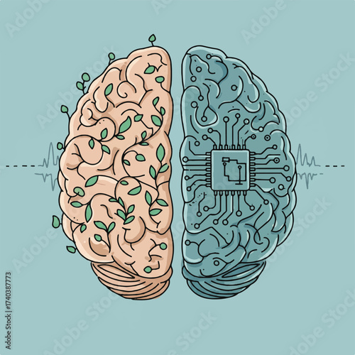 Illustration of a biological brain connected to a digital brain