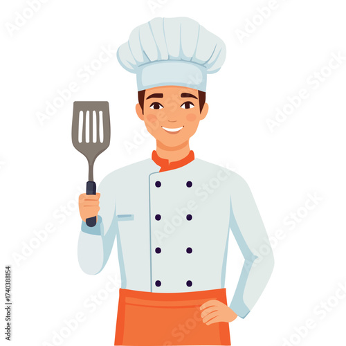 Professional Chef holding spatula vector illustration, Element for food and beverages or restaurant business logo. 
