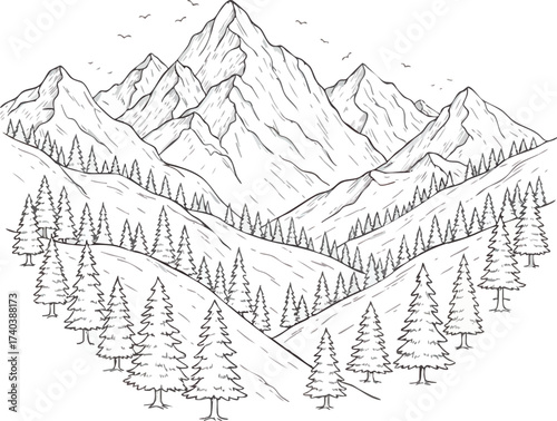 Monochrome Mountain Range Landscape with Pine Trees and Rolling Hills.