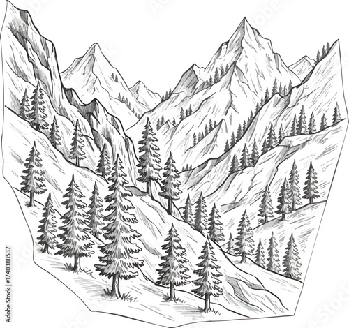 Monochrome Mountain Valley Landscape with Evergreen Trees and Rocky Peaks.
