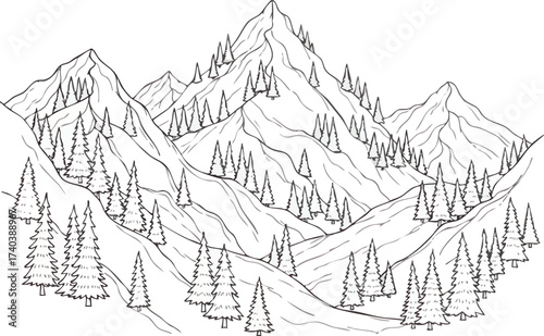 Mountain Range Landscape with Pine Trees Illustration.