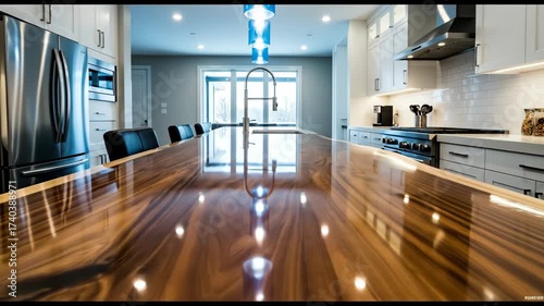 Sleek kitchen with a long, glossy wooden island countertop.