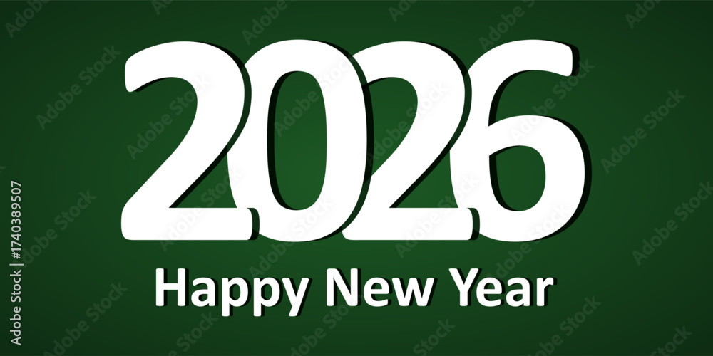 Naklejka premium Bold White 2026 New Year Greeting Vector on Dark Green Background. The background is a dark green gradient, offering a rich contrast that enhances the clarity and impact of the typography. 