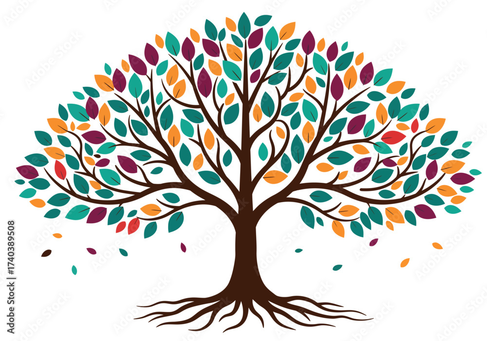 Naklejka premium Tree of life with leaves, vector illustration of a colorful tree with roots