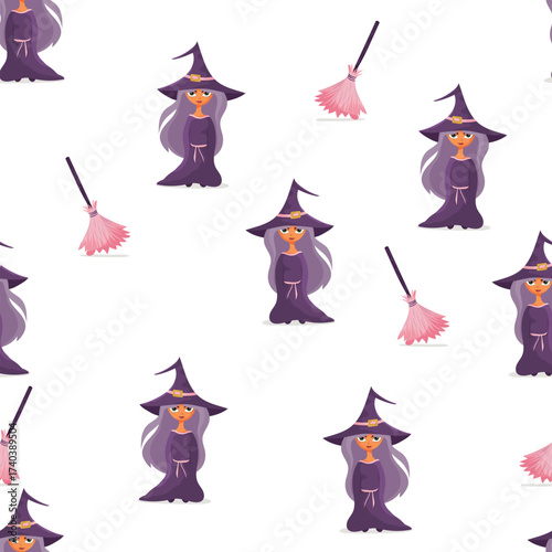Vector seamless pattern with cute witch in hat and magic broomstick. Perfect for Halloween design, wrapping paper, textiles, wallpaper, backgrounds, invitations and party decoration