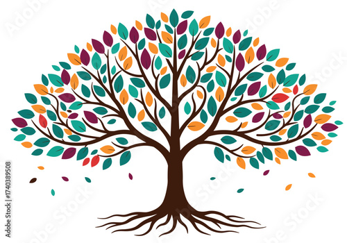 Tree of life with leaves, vector illustration of a colorful tree with roots
