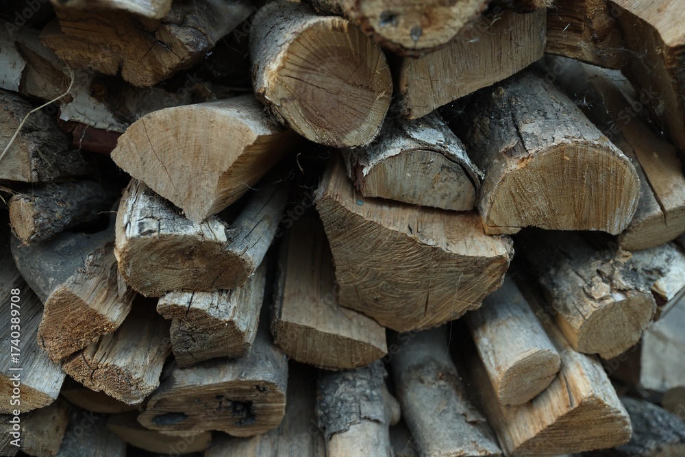 Fototapeta premium Pile of cut firewood outdoors, closeup view