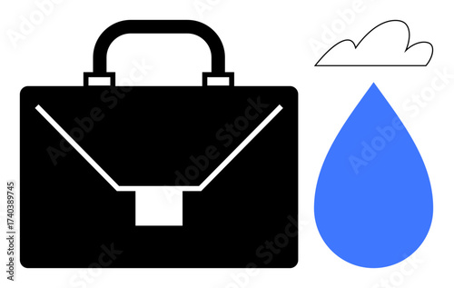 Black briefcase paired with a blue water drop and minimalist cloud. Ideal for business, environment, productivity, work-life balance, sustainability, climate, eco-friendly themes. Simple flat