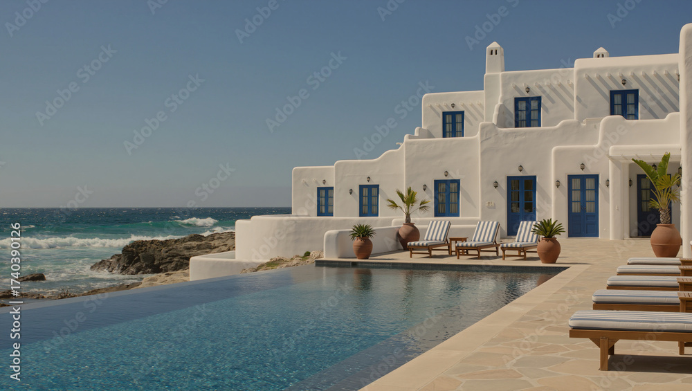 Fototapeta premium Luxury seaside villa with infinity pool, white architecture, blue accents, and sun loungers overlooking the ocean.