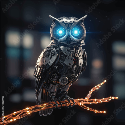 Robotic owl with glowing blue eyes perched on a branch with lights