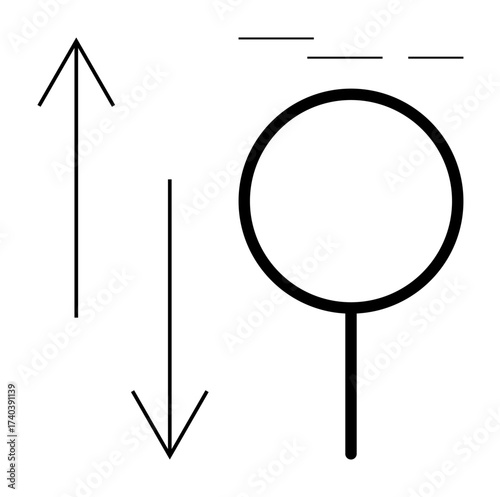Magnifying glass, upward and downward arrows, and horizontal lines implying search, focus, decision, analysis. Ideal for research, discovery, direction navigation investigation clarity simple