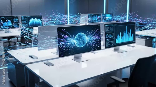 Futuristic Data Analysis Center with AI and Financial Graphics.