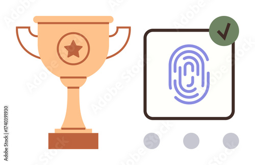 Golden trophy beside fingerprint scan with approval mark. Ideal for achievement, recognition, security, trust, success, innovation, authentication. Minimalist design with simple flat metaphor