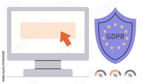 Desktop monitor with click icon, GDPR shield, and data graphs. Ideal for data privacy, cybersecurity, compliance, regulations, user consent, legal protection simple flat metaphor