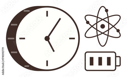 Analog clock for time, atomic symbol for science, and battery for energy illustrate time management, innovation, and power efficiency. Ideal for productivity, research, sustainability, education
