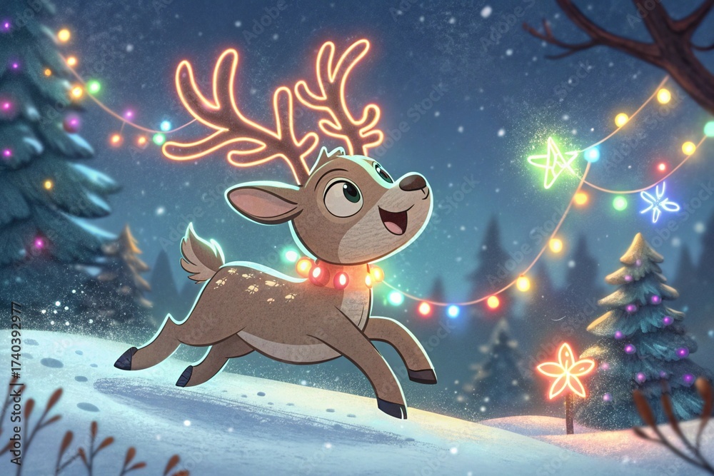 Fototapeta premium Cute Cartoon Flying Reindeer – Neon Glowing Outline