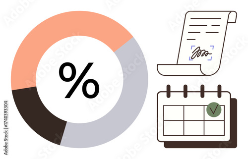 Pie chart with percentage, signed document, and calendar with green checkmark symbolize data analysis, goal setting, task scheduling, and completion. Ideal for finance, organization, productivity