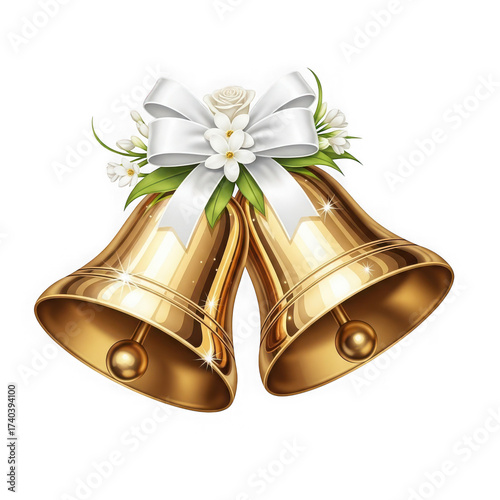 Golden wedding bells adorned with white bow and flowers