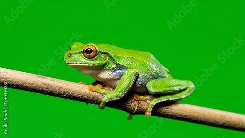 Green Screen Nature & Environment Green frog perched on a branch with changing background