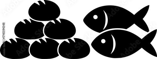 Black Vector Silhouette: Loaves of Bread and Fish	