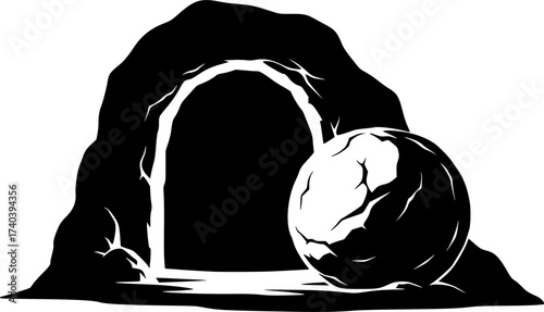 Black Vector Silhouette: Open Tomb with Rolled Stone	