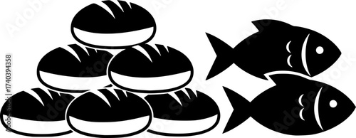 Black Vector Silhouette: Loaves of Bread and Fish	
