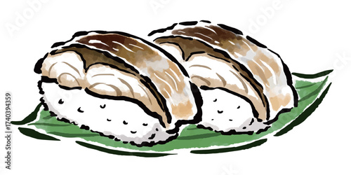 焼き鯖寿司2貫　筆タッチ手描きイラスト