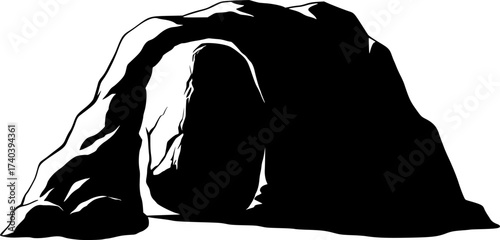 Black Vector Silhouette: Open Tomb with Rolled Stone	