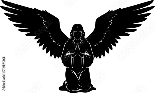 Black Vector Silhouette: Angel with Extended Wings	