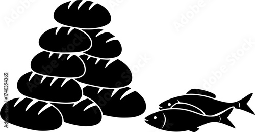 Black Vector Silhouette: Loaves of Bread and Fish	
