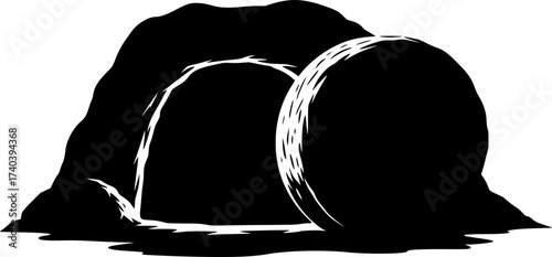 Black Vector Silhouette: Open Tomb with Rolled Stone	