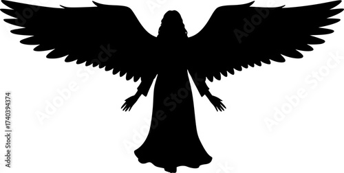 Black Vector Silhouette: Angel with Extended Wings	