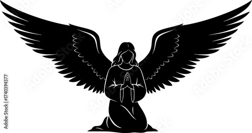 Black Vector Silhouette: Angel with Extended Wings	
