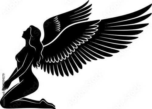 Black Vector Silhouette: Hot Sexy Angel with Extended Wings	