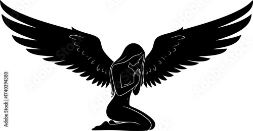 Black Vector Silhouette: Hot Sexy Angel with Extended Wings	