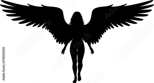 Black Vector Silhouette: Hot Sexy Angel with Extended Wings	